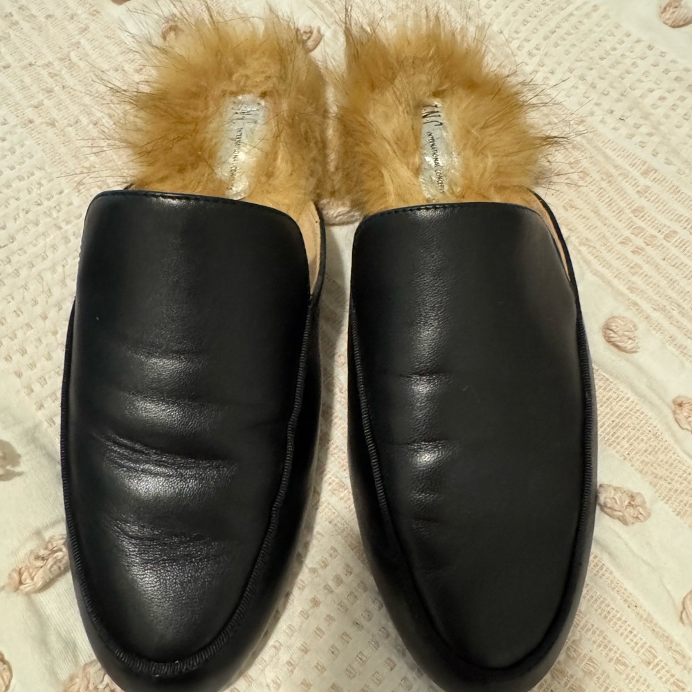 INC black leather slip on mule loafer, size 8M